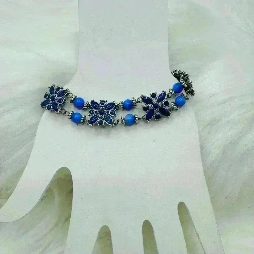 Blue Floral Statement Piece Bracelet